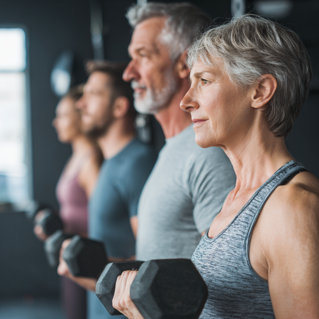 Middle-aged adults doing functional strength training in modern fitness facility