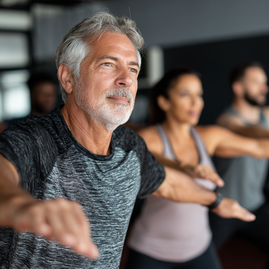 Professional trainer working with mature adults in cardiovascular training session